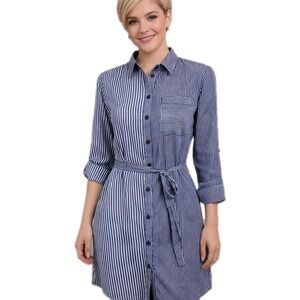 LOVE NOTES Size Small Blue Striped Roll Tab Sleev Lightweight Belted Shirt Dress